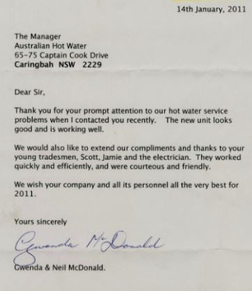 Aust Hot Water South Testimonial 